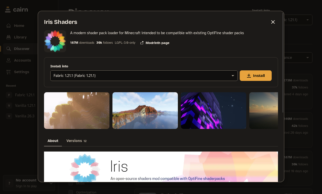 Cairn Discover installing Iris Shaders into Fabric 1.21.1