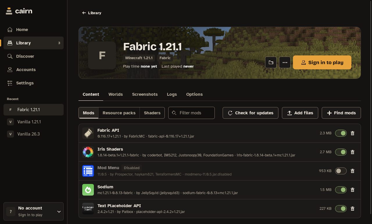 Cairn instance page with mod list toggles